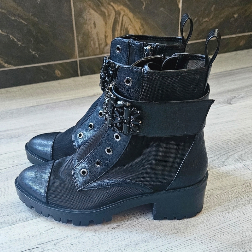 NEW Karl Lagerfeld Summer Mesh Black Leather PIPPA Combat Boots Lug Sole 7.5 - Picture 3 of 12